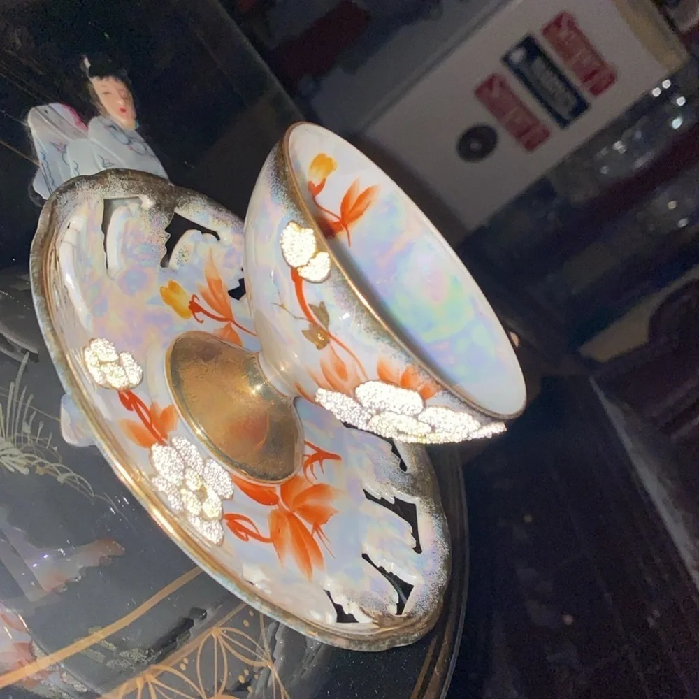 Vintage Japan Sterling China Iridescent Floral Textured Pansy Teacup & Saucer